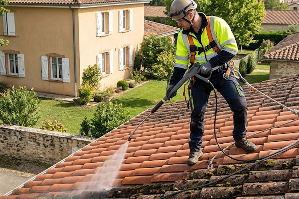 Artisan appliquant un traitement de nettoyage et démoussage hydrofuge sur un toit